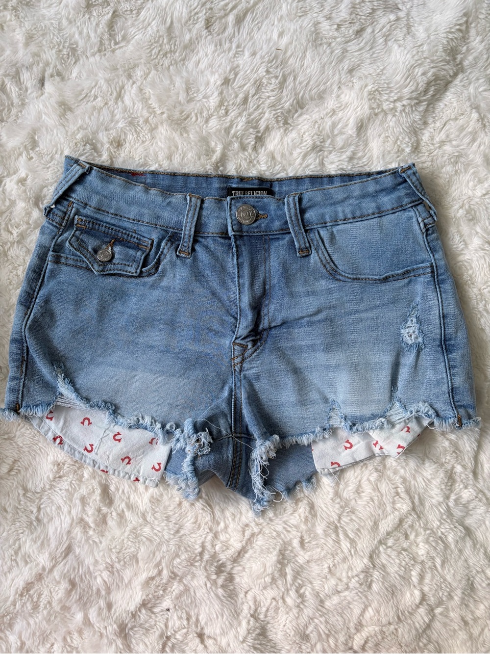 True Religion Light Wash Distressed Denim Shorts